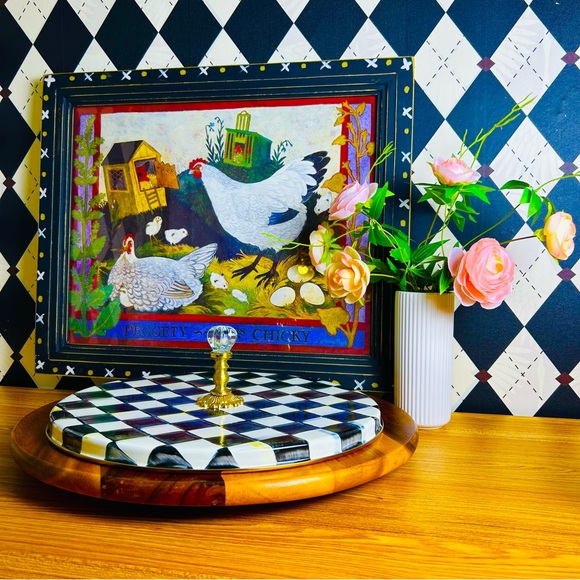 MacKenzie-Childs Cheese Platter Brass & Glass Finial Whimsical Checked Luxury - Picture 8 of 12